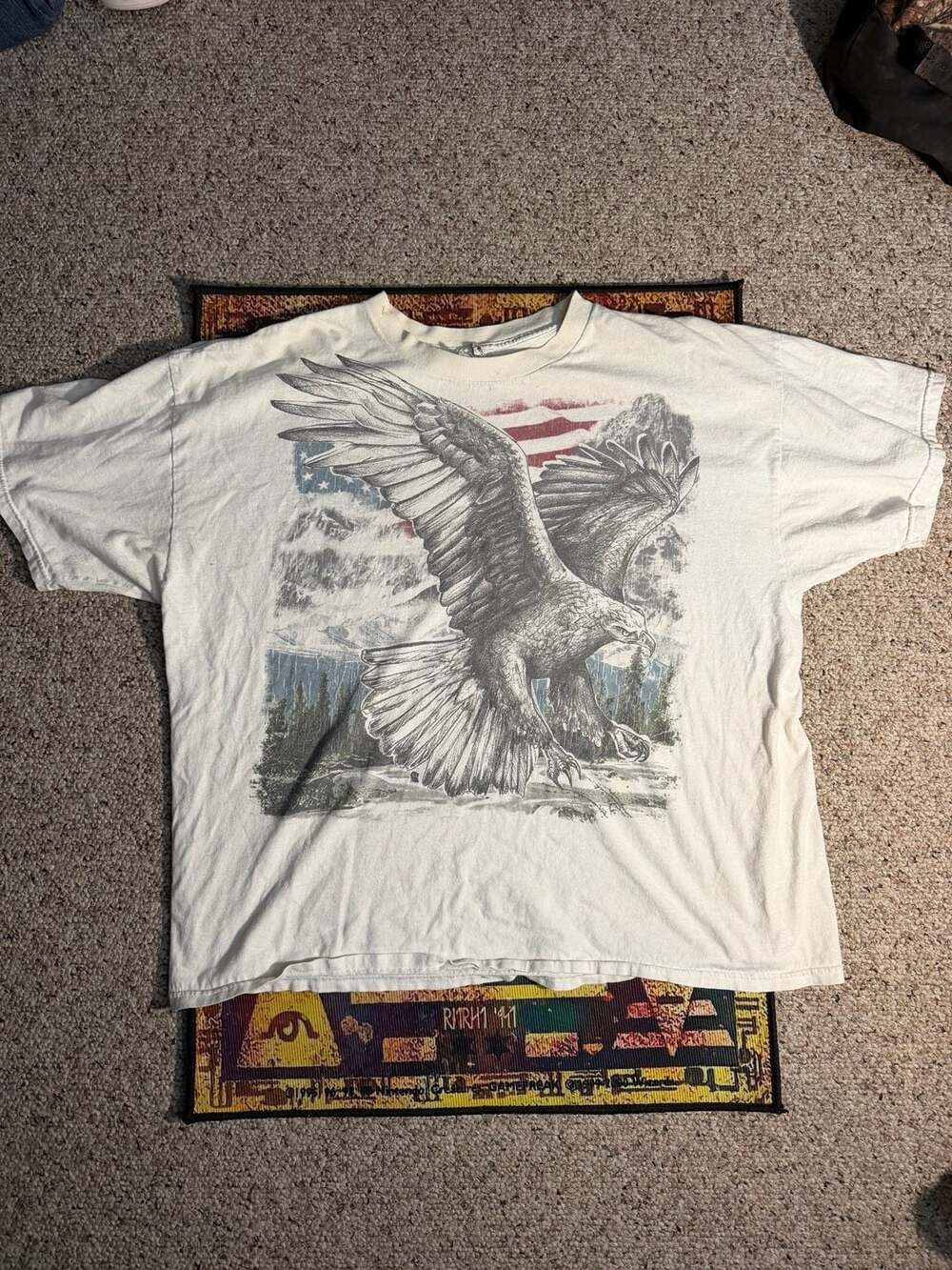 Vintage‎ 90s Bald Eagle USA Flag All Over Print T-Shirt 2XL